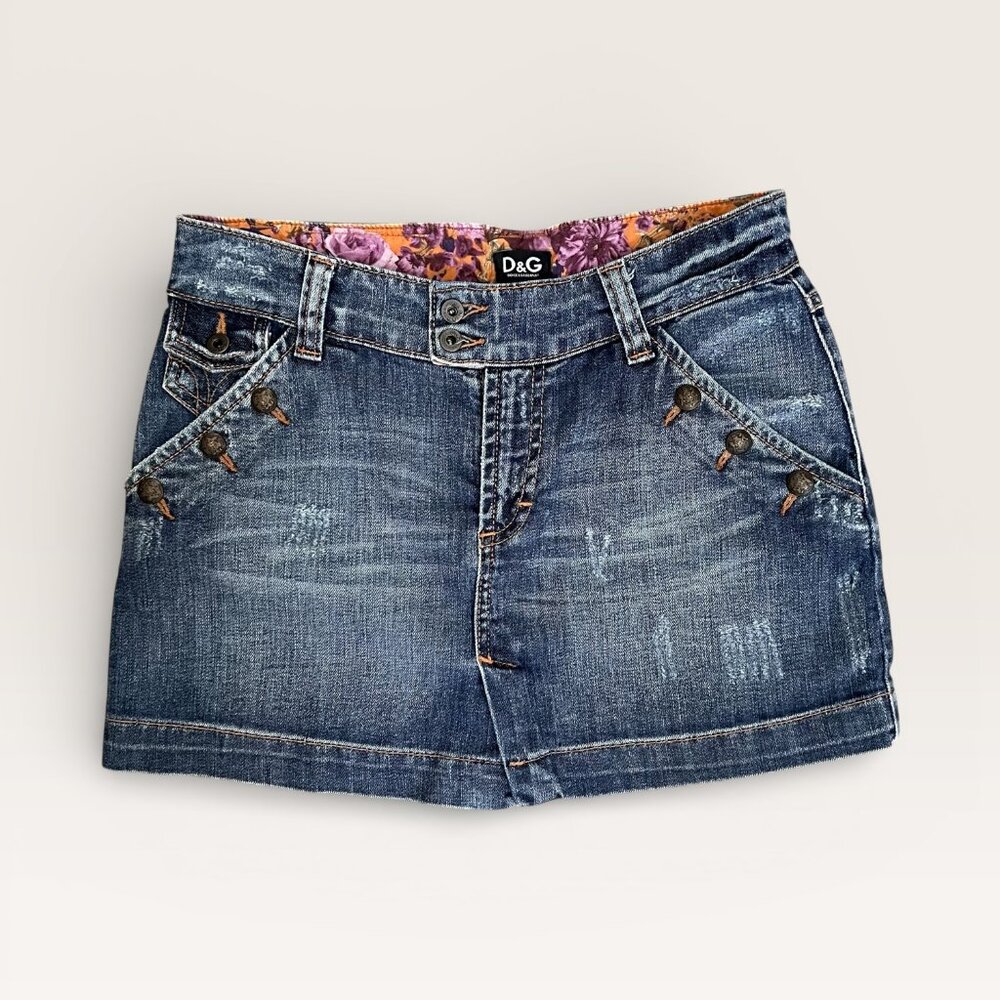 Vintage D&G Dolce & Gabbana Y2K Denim Mini Skirt Size 26 Embroidered Logo